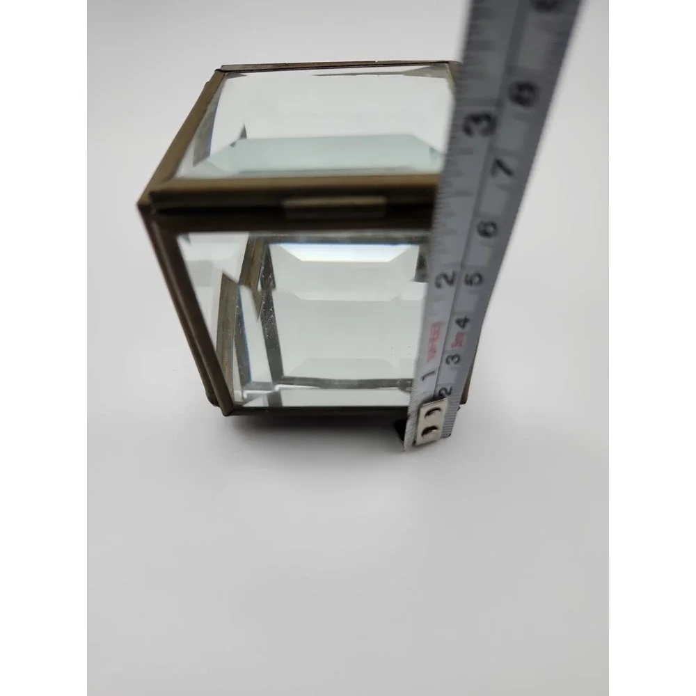 Small Vtg Thick Beveled Glass & Brass Jewelry/Trinket Box 2-5/8